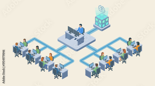 Isometric Contact Center with AI Brain Technology, Diverse Customer Service Team Working at Connected Computer Stations, Modern Call Center Operations Management