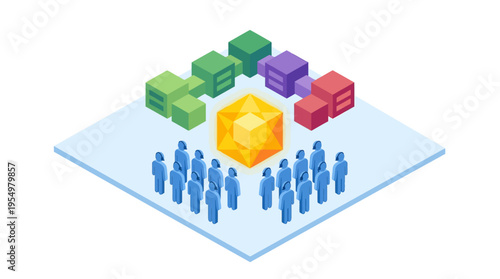 Isometric Contact Center Team with Central Data Hub and Connected Service Modules, Customer Support Technology Platform, 3D Business Communication Network
