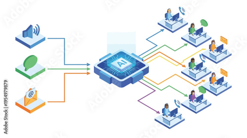AI-Powered Contact Center Isometric Illustration - Customer Service Automation with Virtual Agents and Omnichannel Support Technology