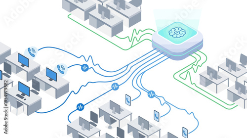 Isometric Contact Center with AI Brain Technology, Customer Service Network, Smart Call Routing System, Modern Office Communication Hub