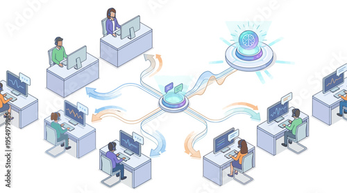 Isometric Contact Center with AI Brain Hub and Connected Customer Service Agents Working at Computer Stations