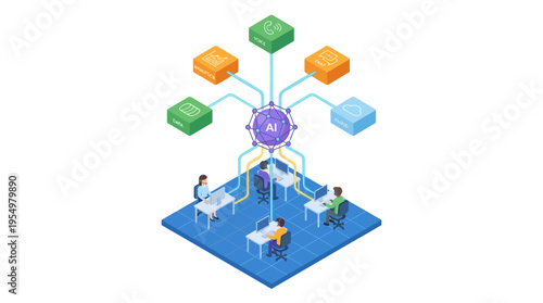 Isometric AI Contact Center with Customer Service Agents and Omnichannel Communication Technology, Modern Call Center Workflow Automation