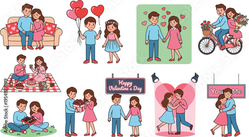 Colorful vector art of smiling couple holding hands exchanging gifts and riding bicycle on romantic date with balloons hearts flowers and picnic on valentines day