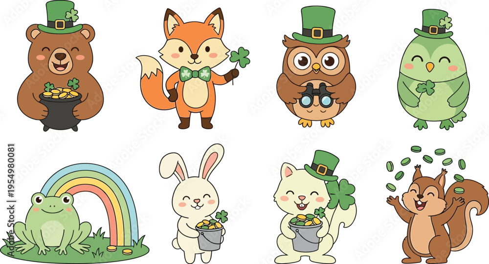 Obraz premium Cute st patricks day animals in green hats holding gold coins and shamrocks with rainbow and happy expressions festive vector art set