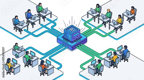 Isometric Contact Center with AI Neural Network Hub - Diverse Customer Service Team Connected to Central Artificial Intelligence System, Remote Support Technology Concept
