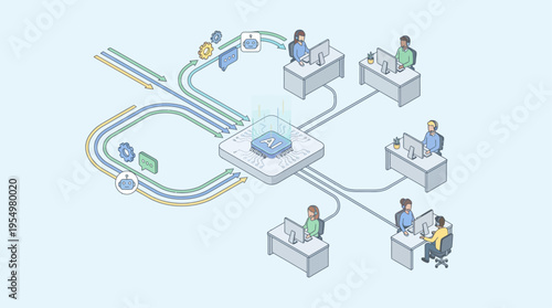 Isometric Contact Center with AI Technology Integration Customer Service Team Working at Desks Connected to Central Artificial Intelligence Hub Digital Support Network