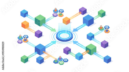 Isometric Contact Center Network Hub with Customer Service Agents and Connected Data Nodes, Modern Tech Support Communication System