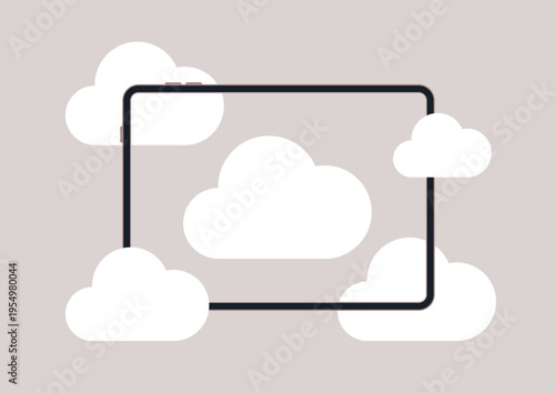Soft white clouds surround a sleek tablet, merging technology with an ethereal atmosphere, This scene captures a playful blend of modern innovation and nature's charm, inviting imaginative thoughts.