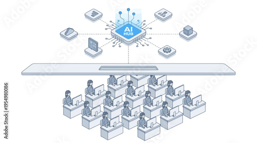 Isometric AI-Powered Contact Center with Customer Service Agents Working at Desks Connected to Artificial Intelligence Hub, Digital Customer Support Technology Concept