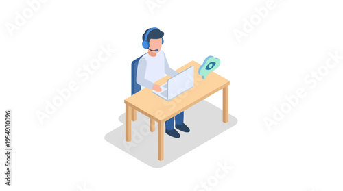 Isometric Customer Service Representative Working at Desk with Headset and Laptop, Contact Center Support Agent in Modern Office Environment
