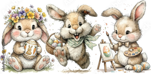 Cute watercolor bunnies celebrating easter with floral crown holding decorated egg running with basket and painting eggs on easel with palette and brush cheerful spring celebration