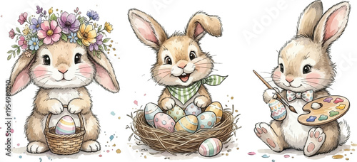 Cute watercolor style bunnies decorating colorful easter eggs wearing floral crown and bow tie sitting with paintbrushes and basket in spring celebration scene