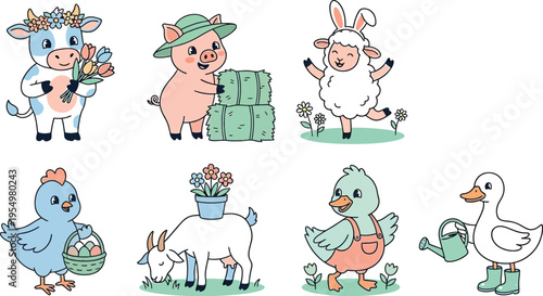 Cute farm animals flat design vector set including smiling cow holding flowers pig wearing green hat with hay bales happy sheep with bunny ears dancing lively spring mood