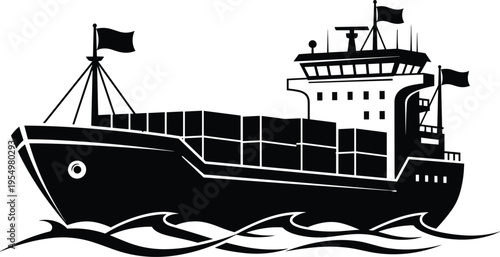 Cargo, ship, silhouette, container, vessel, sea, ocean, freight, transport, shipping, logistics, maritime, industry, port, trade, black, vector, illustration, waves, nautical, cargo, boat