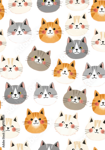 Cute seamless pattern of smiling cat faces in pastel colors with soft cheeks and whiskers playful design for children textile prints and backgrounds
