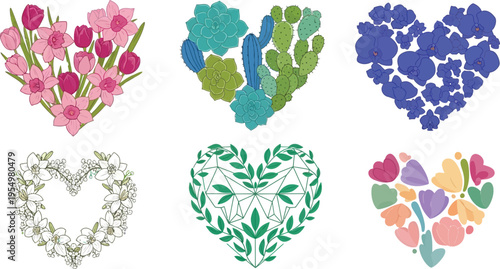 Colorful heart shaped floral and succulent arrangements vector art with pink tulips white lilies green cacti and blue orchid flower decorations in flat design style