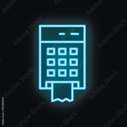 Blue neon icon of a credit card reader processing a payment on a black background