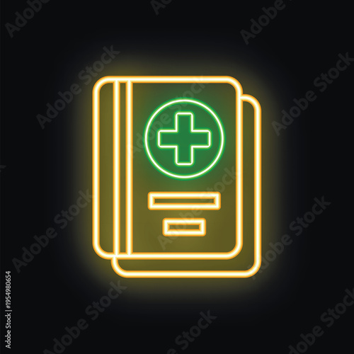 Glowing neon sign representing medical records with green cross, isolated on a black background