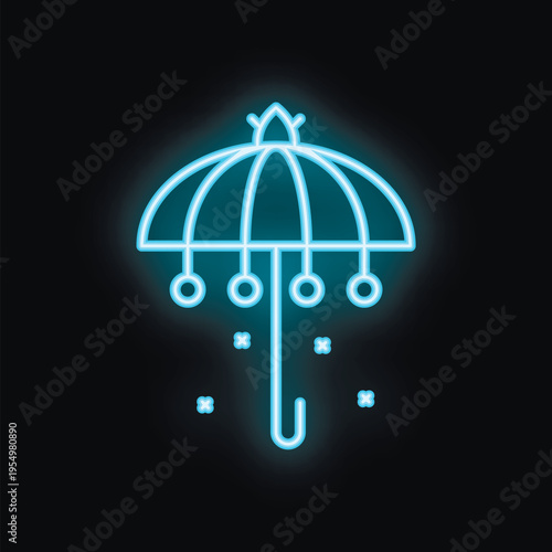 Blue neon umbrella glowing on black background representing protection from rain