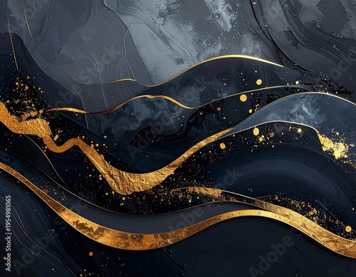 Luxury Black and Gold Abstract Waves with Textured Metallic Flow