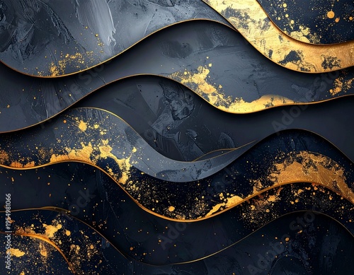 Luxury Black and Gold Abstract Waves with Textured Metallic Flow