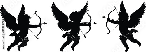 Three winged cupids with bows and arrows in silhouette