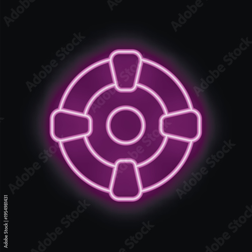 Neon lifebuoy glowing on a black background, representing safety and rescue
