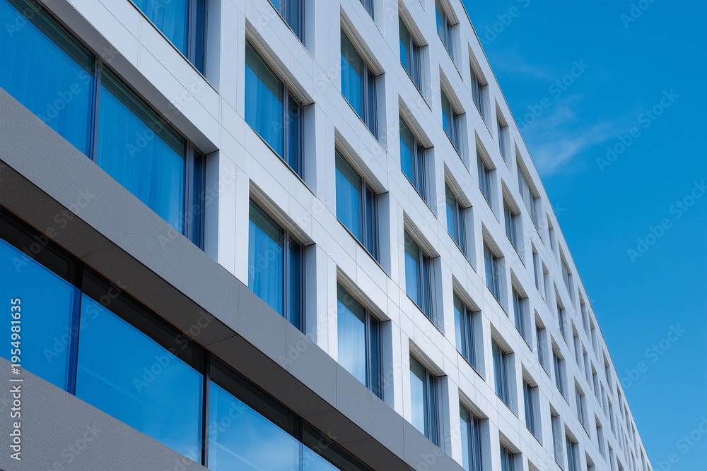Fototapeta premium Modern building with large windows reflects blue sky and clouds