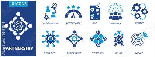 Partnership icon collection set. Containing Collaboration, performance, plan, teamwork, synergy, integration, commitment, consensus success, winwin icon. dual tone vector.	
