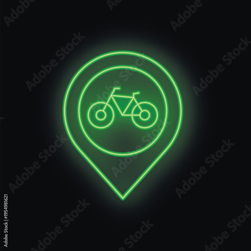 Neon green icon of a location pin surrounding the outline of a bicycle, suggesting a bicycle rental, parking, or sharing spot
