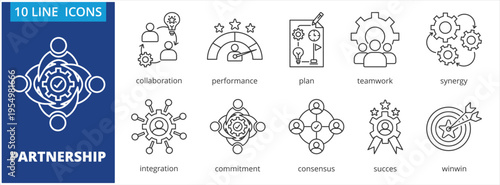 Partnership icon set collection in outline style. Containing Collaboration, performance, plan, teamwork, synergy, integration, commitment,consensus success, winwin.