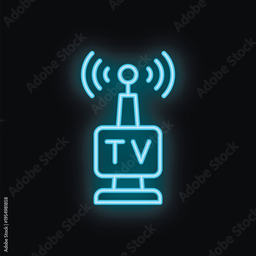 Blue neon tv symbol transmitting radio waves is glowing over black background