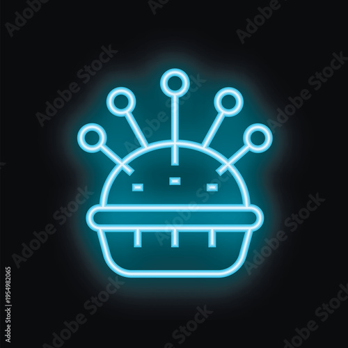 Blue neon icon of a pincushion with pins sticking out glowing on dark background