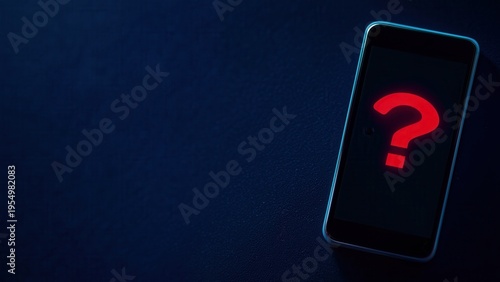 Smartphone displaying red question mark icon on screen, unknown caller scam and fraud