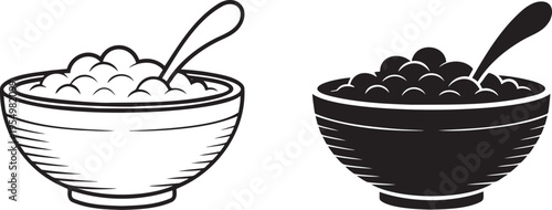 Bowl of porridge silhouette & outline set isolated on transparent background