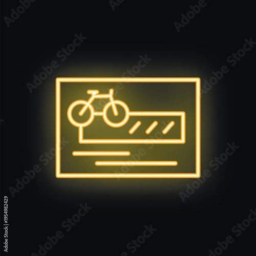 Glowing neon yellow bicycle parking sign with a bicycle image and blank space for text
