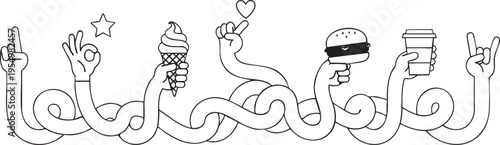 A black outline illustration featuring winding arms with many hand signs and objects.