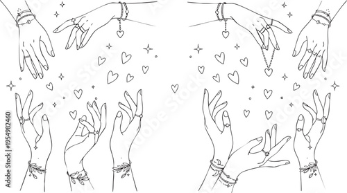 Celestial Line Art Sketch of Magical Hands Adorned with Jewelry Stars and Hearts