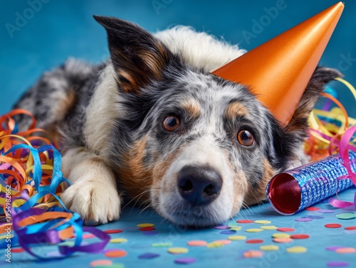 Dog Wears Party Hat With Colorful Decorations During Celebration at Home for ...