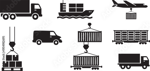 Logistics and transportation icons set with truck ship plane train and crane set
