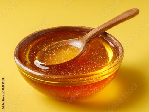 Honey in a Wooden Bowl With a Dipper on a Bright Yellow Background for Food P...