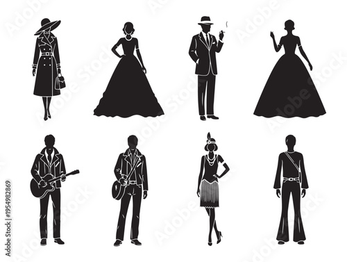 A group of eight black silhouettes of people in various costumes