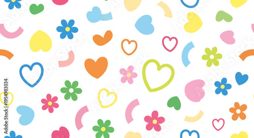 Colorful whimsical pattern with hearts flowers.