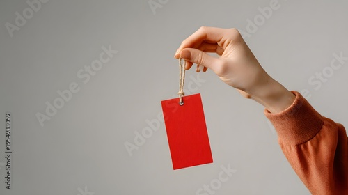 Hand holding a blank red tag with string, ready for customization and pricing information