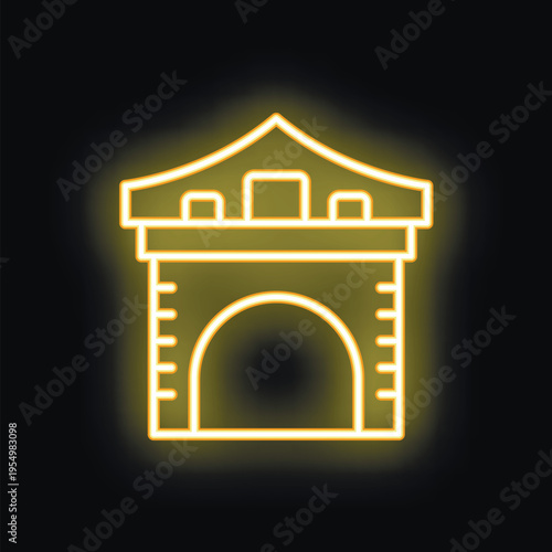 Glowing neon yellow icon of a chinese gate on black background