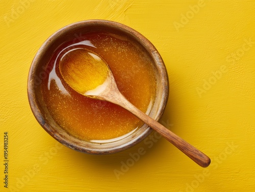 Bowl of Honey With a Wooden Spoon Placed on a Yellow Background