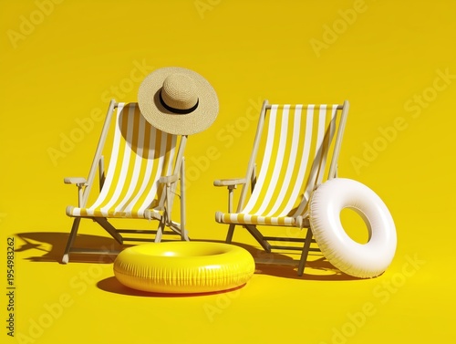 Yellow Beach Setting With Chairs, Hat, Basket, and Float on Bright Background
