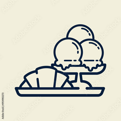 Minimalist gelato and croissants line art vector illustration