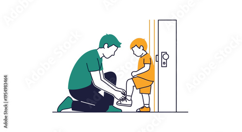 Father helping child tie shoelaces at home.