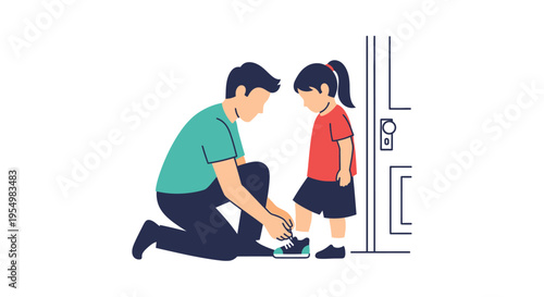 father helping daughter tie shoes.